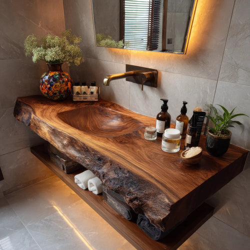Orvello Handcrafted Live Edge Solid Wood Floating Bathroom Vanity with Integrated Sink SPA361872 Kitchnce