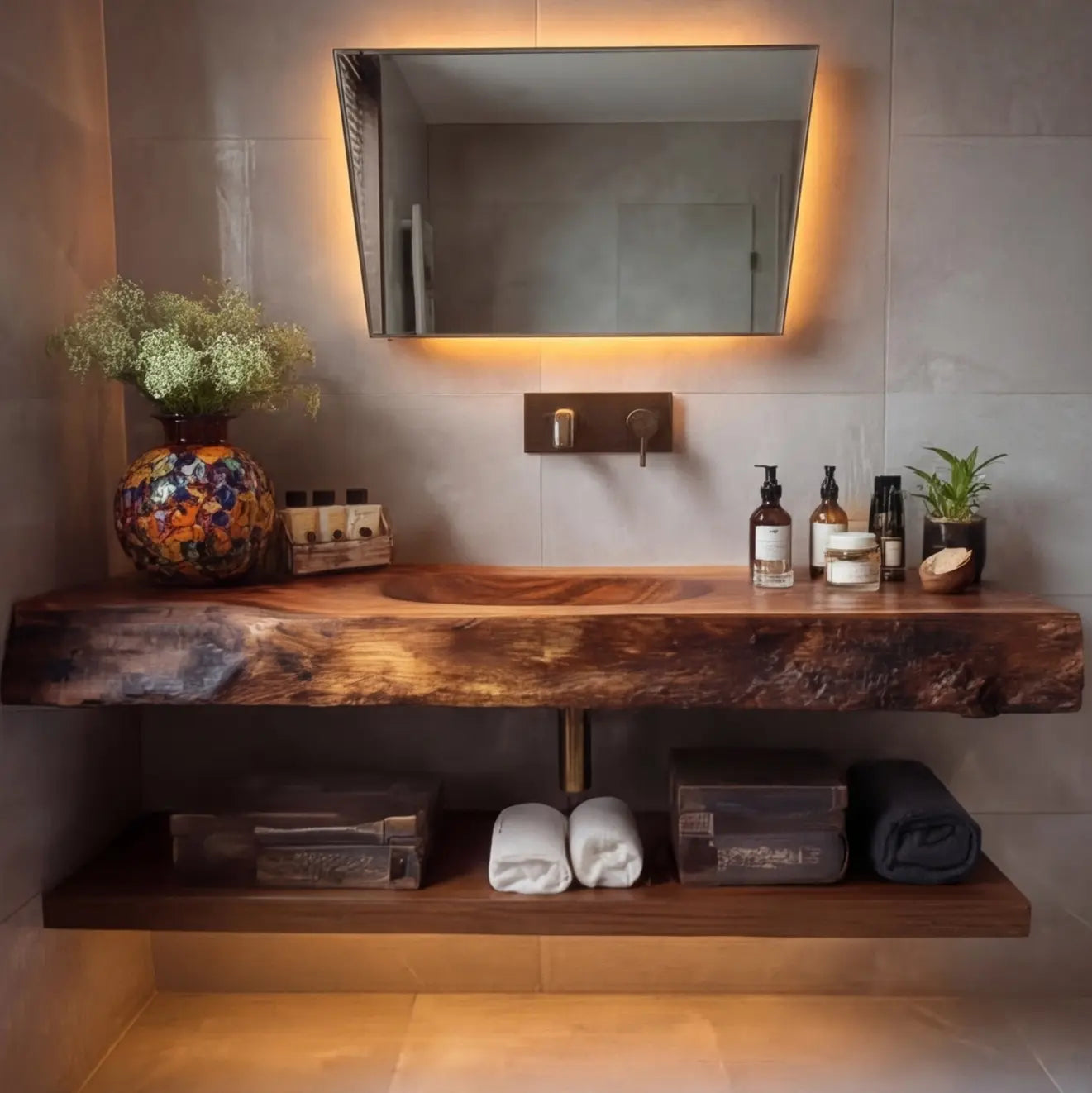 Orvello Handcrafted Live Edge Solid Wood Floating Bathroom Vanity with Integrated Sink SPA361872 Kitchnce