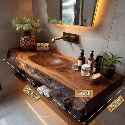 Orvello Handcrafted Live Edge Solid Wood Floating Bathroom Vanity with Integrated Sink SPA361872 Kitchnce
