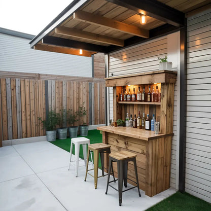 Rustic Wall Mounted Outdoor Bar With Shelves And Lights For Garden Or Patio Kitchnce