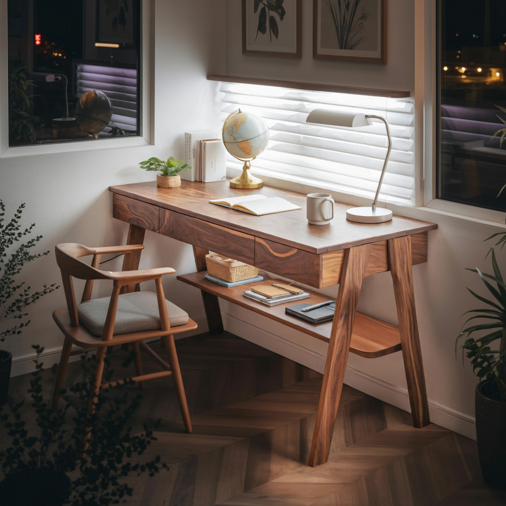 Mid Century Wooden Writing Desk With Drawers And Shelf For Home Office Kitchnce
