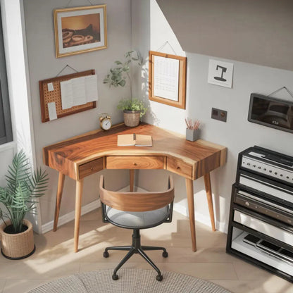 Mid Century Corner Wooden Desk With Drawer For Home Office Or Study Kitchnce