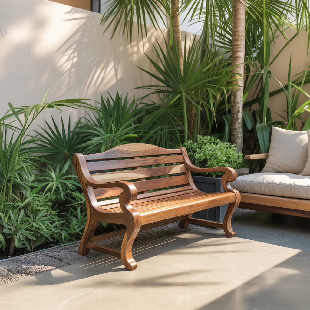 Classic Curved Wood Garden Bench With Sculpted Arms For Patio Or Entryway Kitchnce