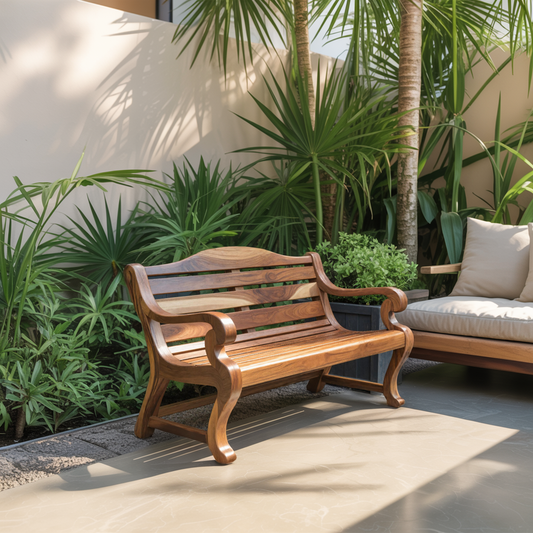 Classic Curved Wood Garden Bench With Sculpted Arms For Patio Or Entryway Kitchnce