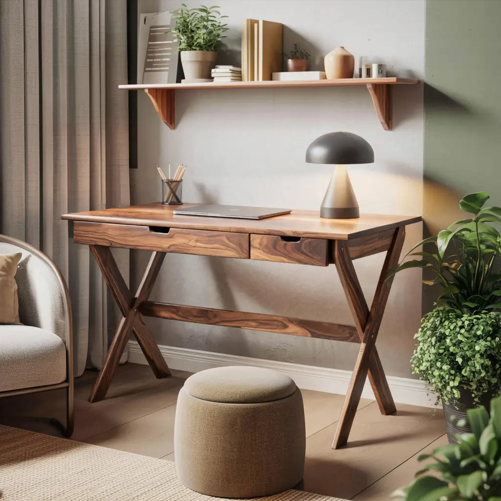 Scandinavian Wooden Desk with X Shaped Legs For Home Office Or Study Kitchnce