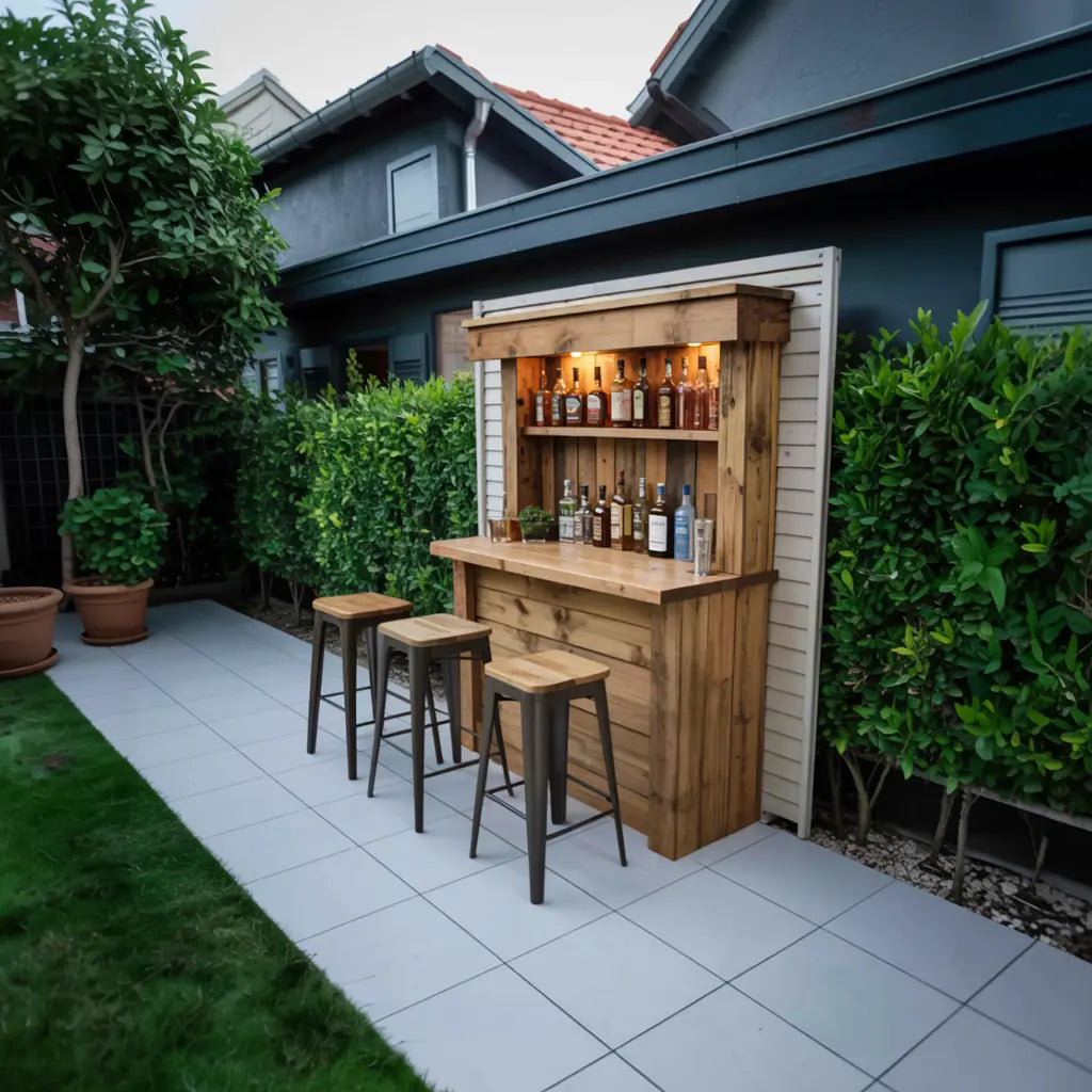 Rustic Wall Mounted Outdoor Bar With Shelves And Lights For Garden Or Patio Kitchnce