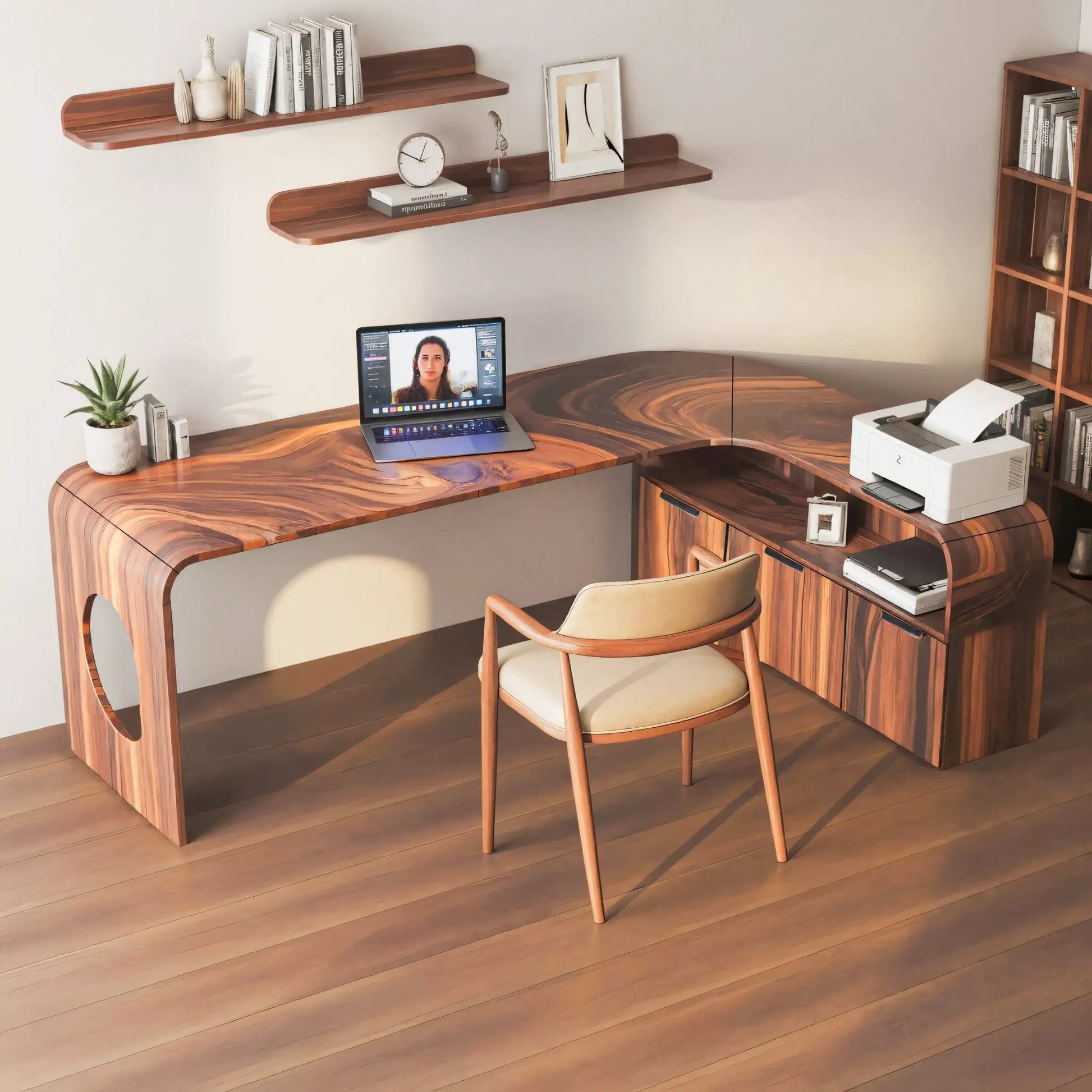 Modern L Shaped Wooden Desk With Rounded Corners For Executive Office Kitchnce