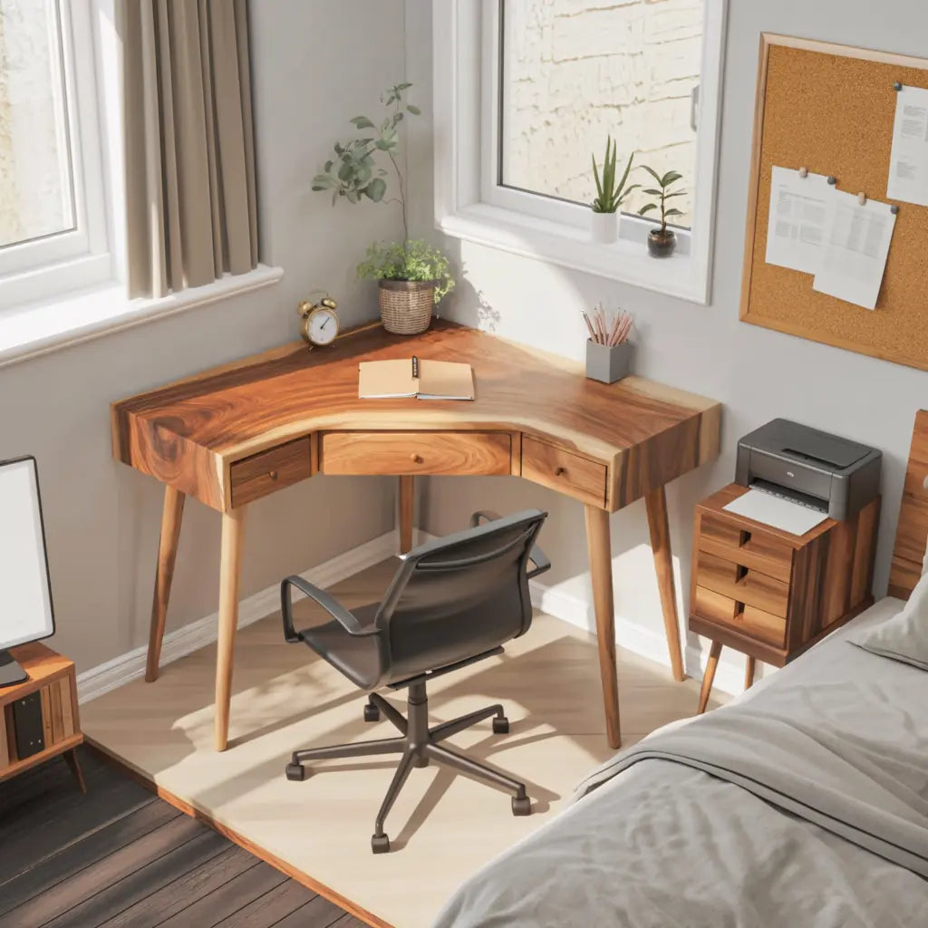 Mid Century Corner Wooden Desk With Drawer For Home Office Or Study Kitchnce