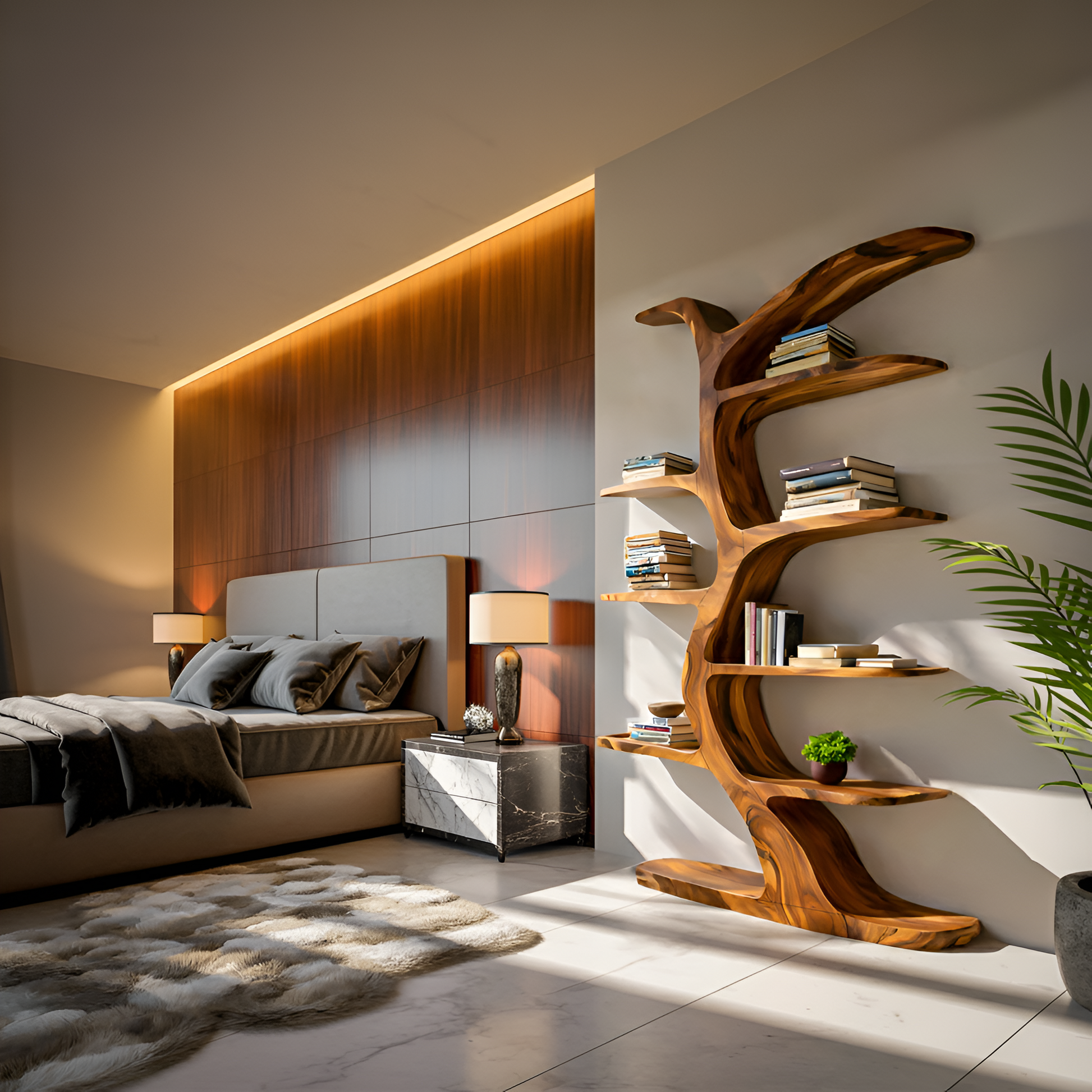 Modern Bookshelf Tree Inspired Curved Design For Living Room Kitchnce