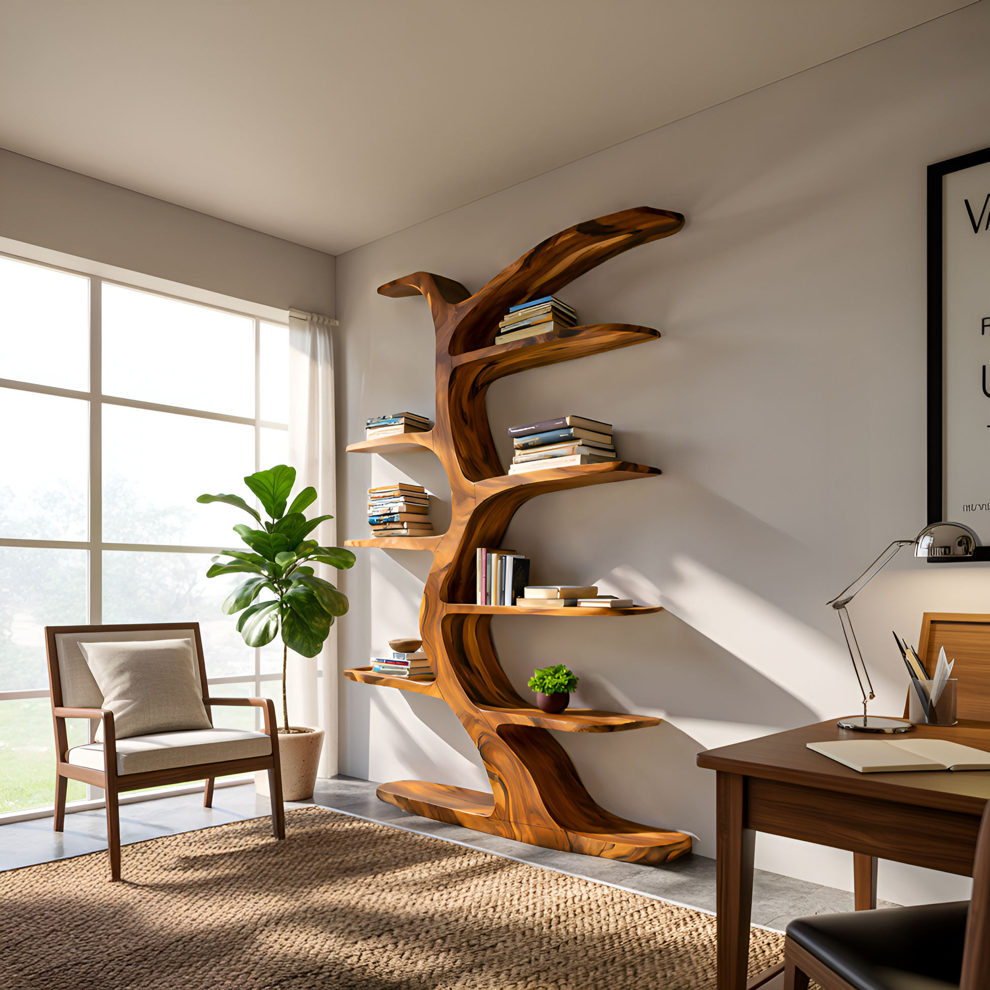 Modern Bookshelf Tree Inspired Curved Design For Living Room Kitchnce