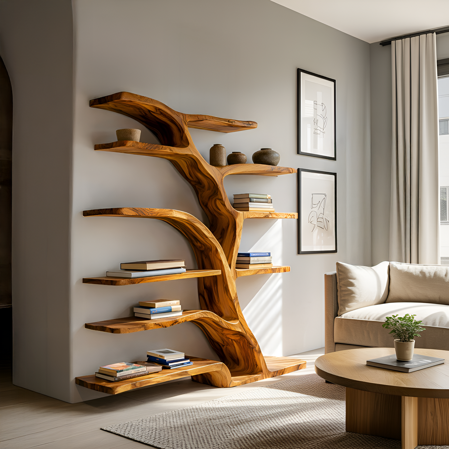 Modern Bookshelf Flowing Curved Design For Living Decor Kitchnce