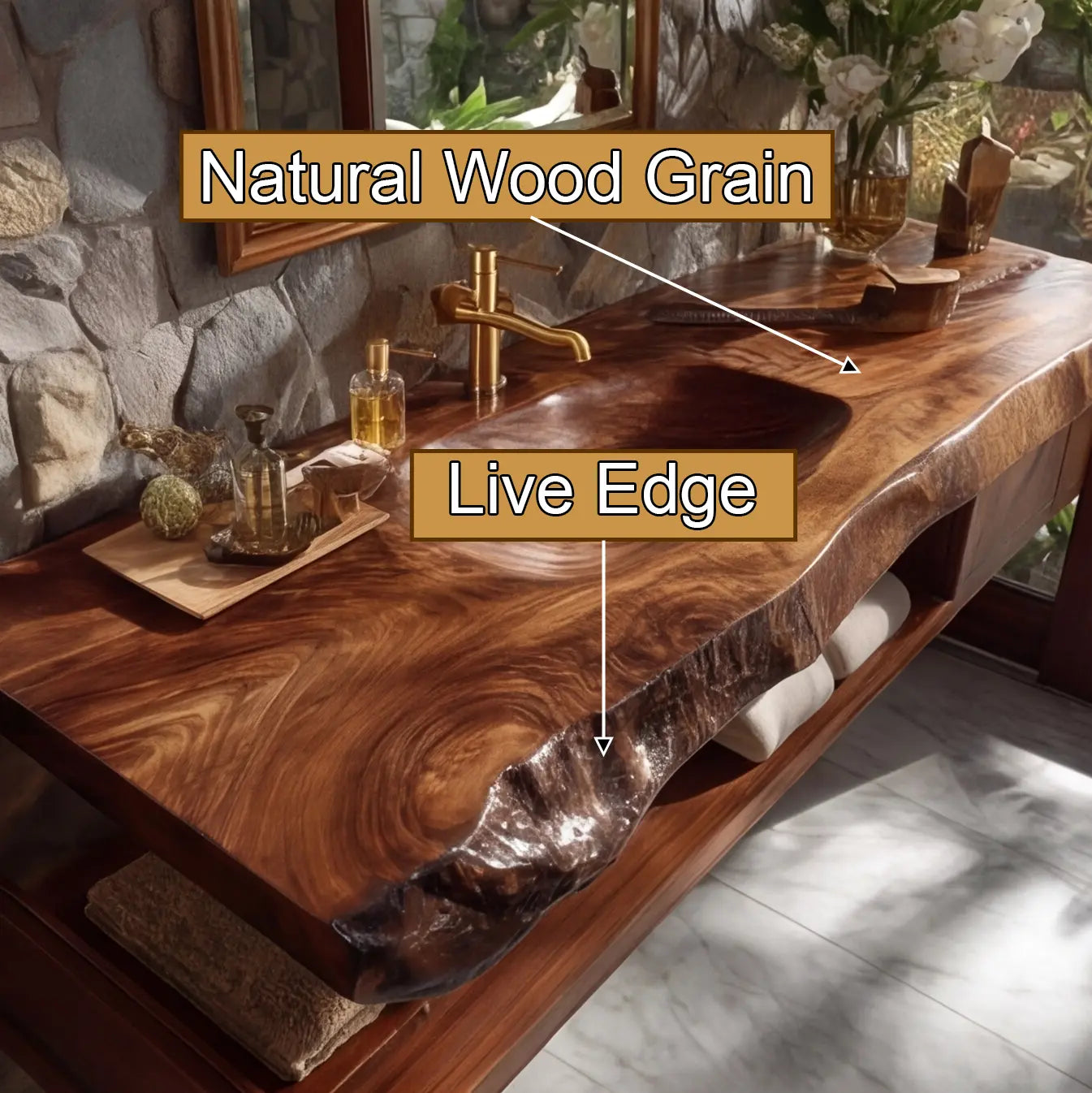 Ravello Live Edge Solid Wood Floating Bathroom Vanity with Integrated Sink Kitchnce