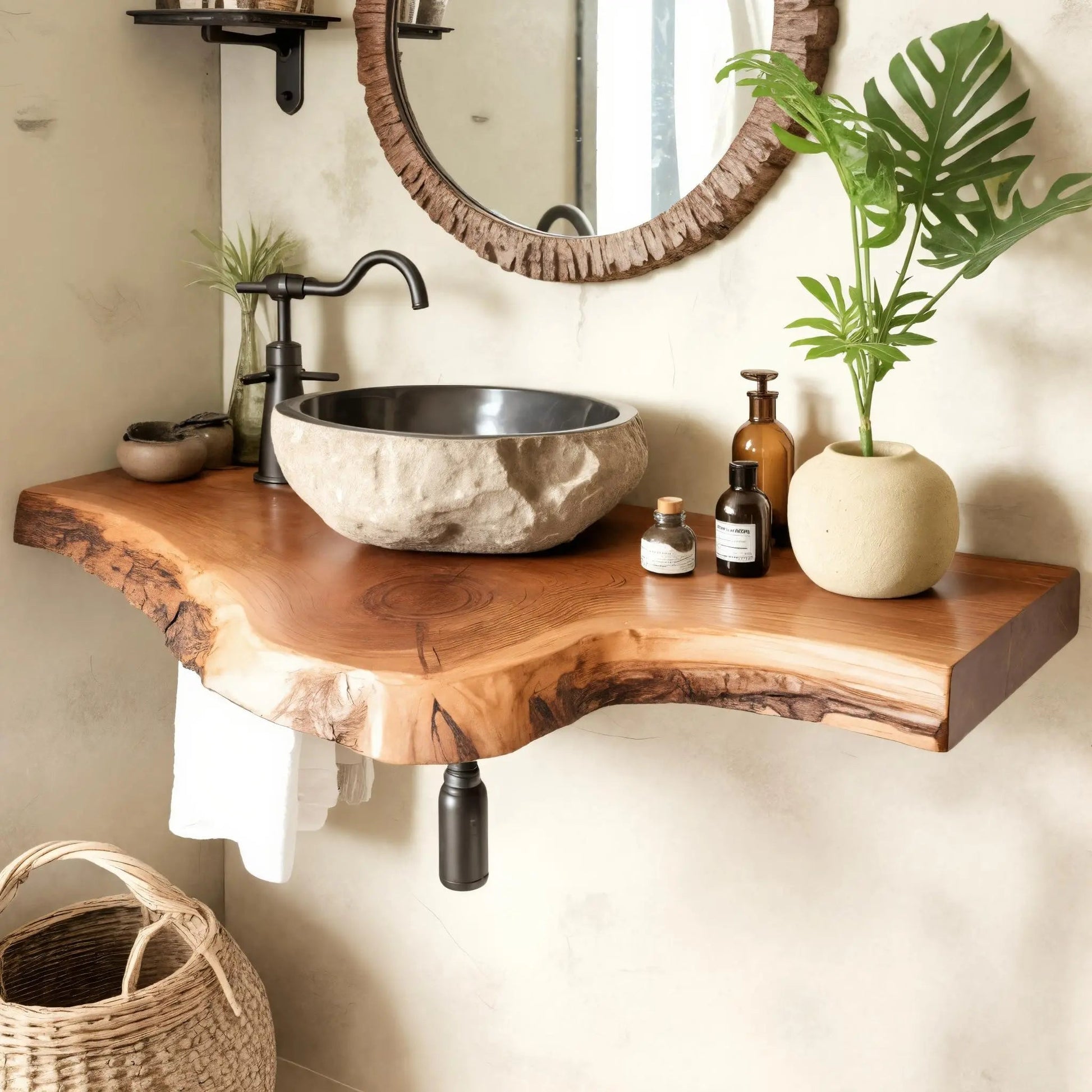 Rustic Live Edge Solid Wood Floating Bathroom Vanity Kitchnce