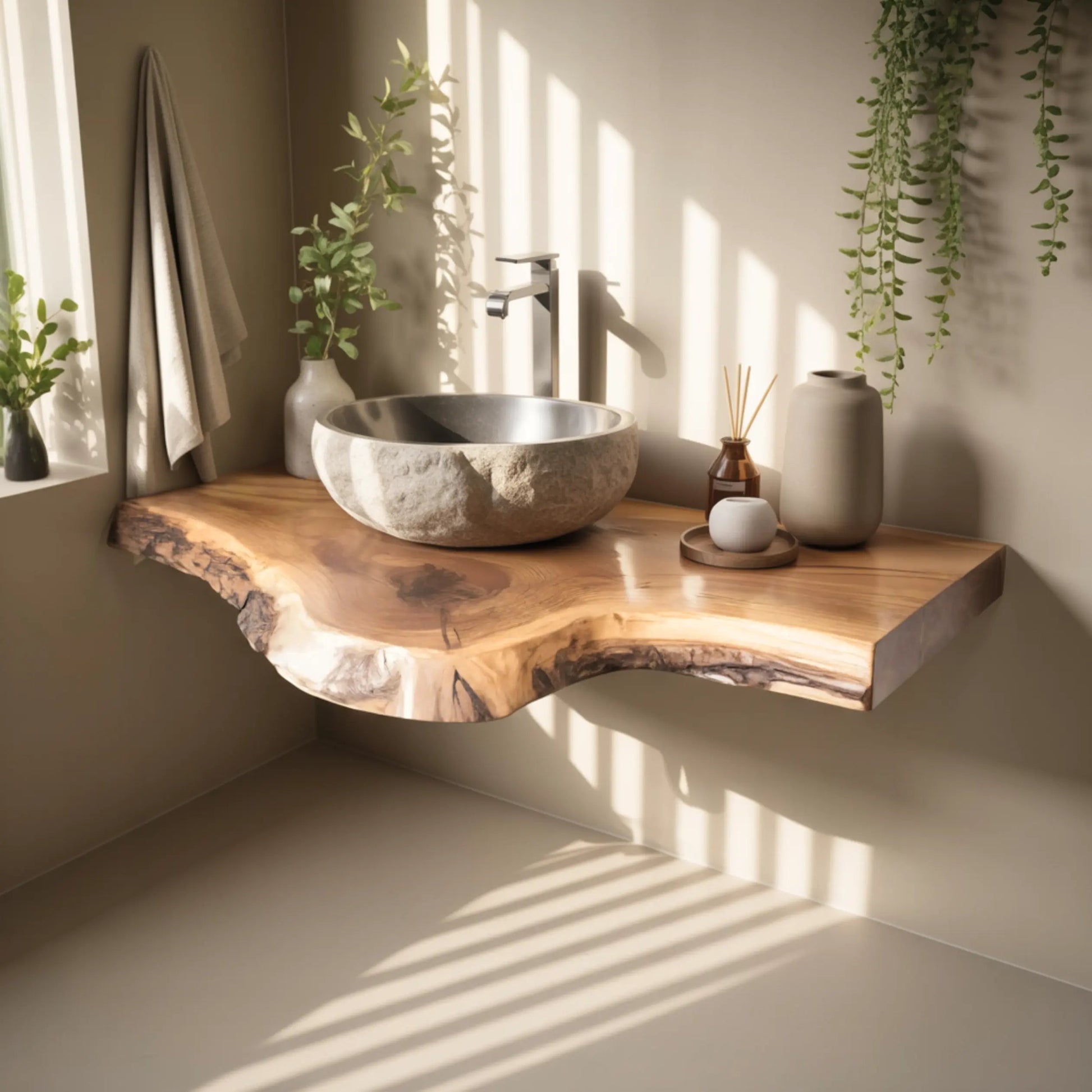 Rustic Live Edge Solid Wood Floating Bathroom Vanity Kitchnce