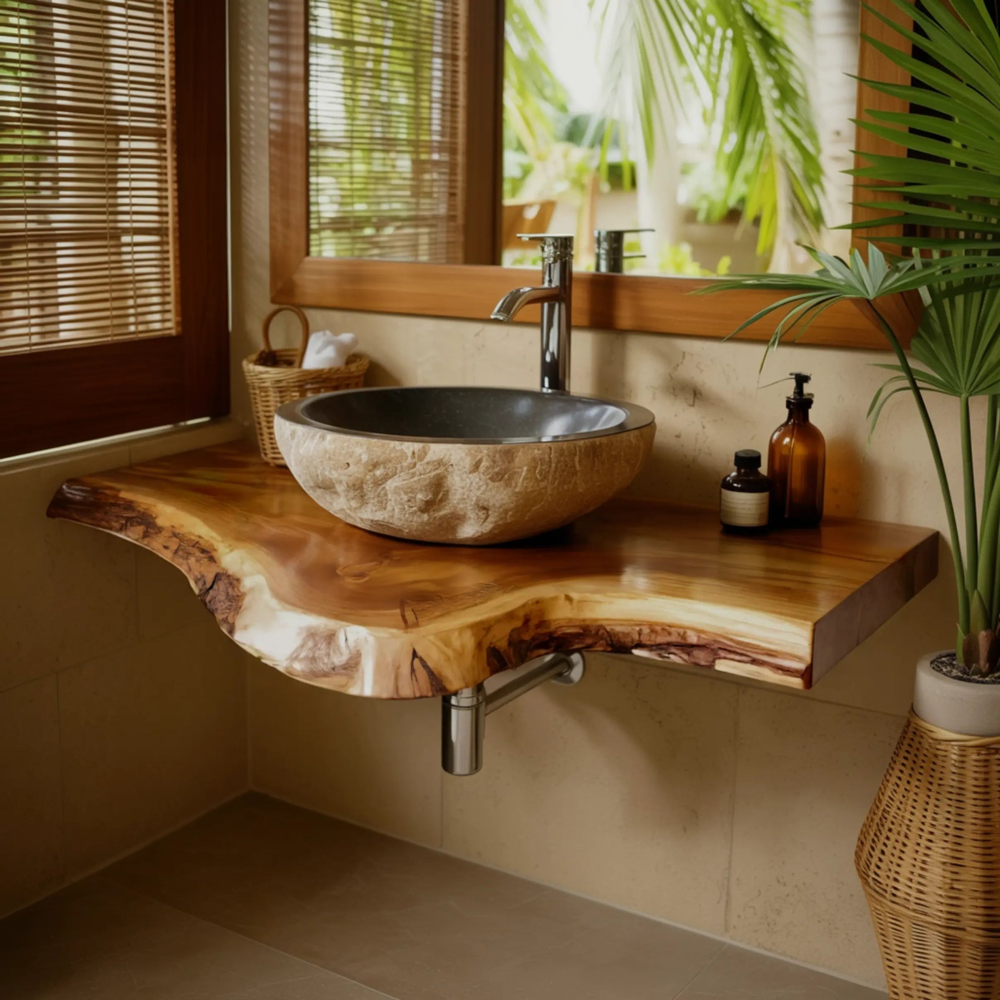Rustic Live Edge Solid Wood Floating Bathroom Vanity Kitchnce