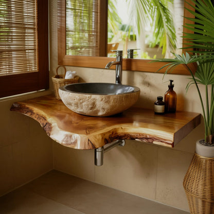 Rustic Live Edge Solid Wood Floating Bathroom Vanity Kitchnce