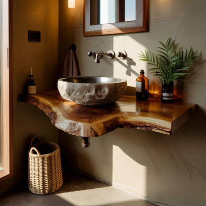 Rustic Live Edge Solid Wood Floating Bathroom Vanity Kitchnce
