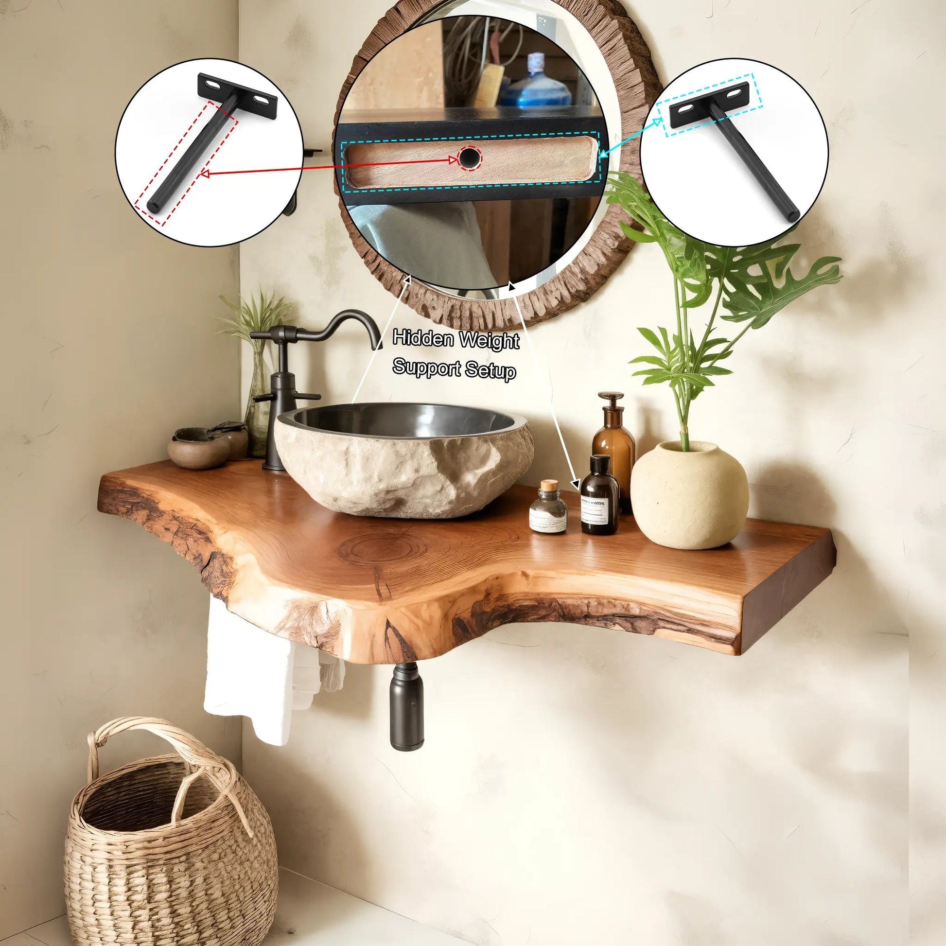 Rustic Live Edge Solid Wood Floating Bathroom Vanity Kitchnce
