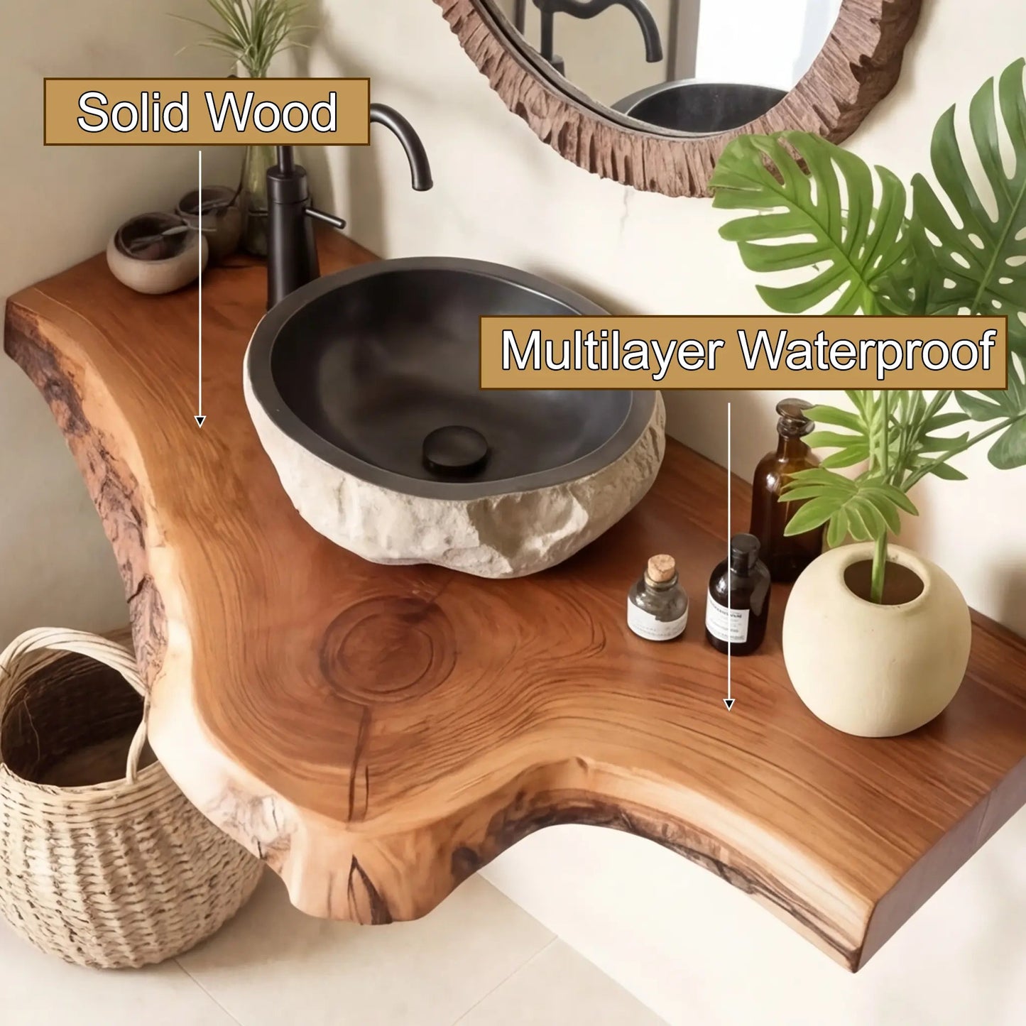 Rustic Live Edge Solid Wood Floating Bathroom Vanity Kitchnce