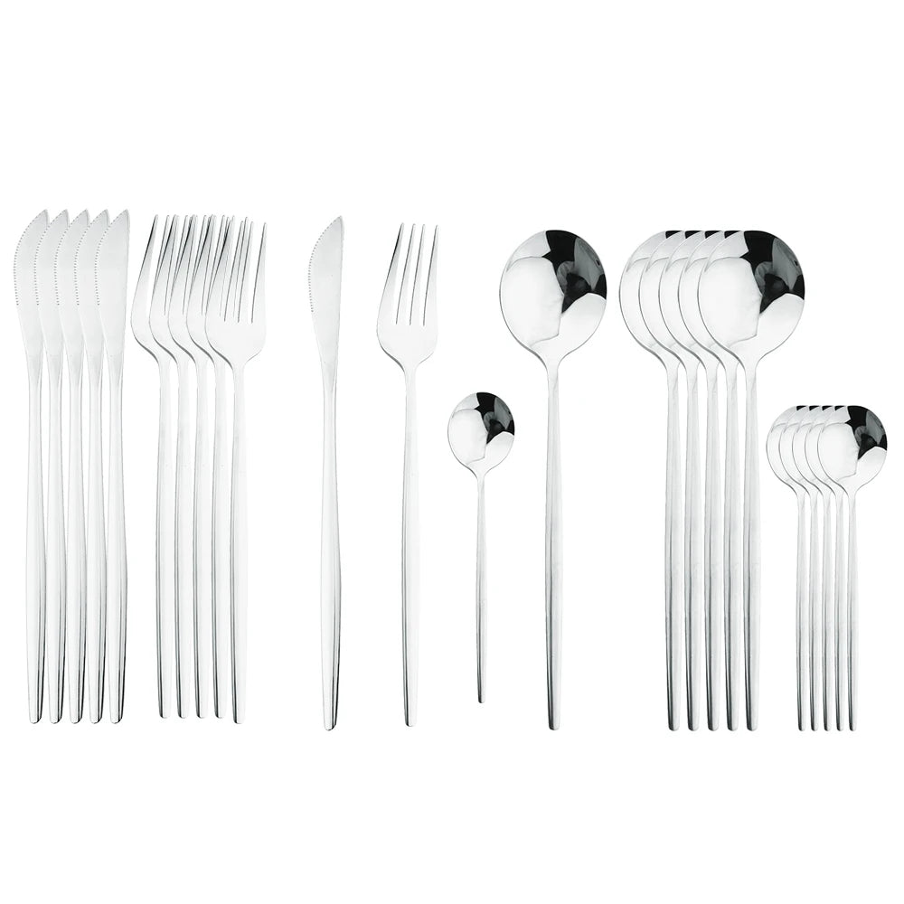 24-Piece Stainless Steel Cutlery Set – Elegant Golden, Silver, & Black Silverware Set for Fine Dining – Rust-Resistant Knife, Fork, & Spoon Set with Black Handles