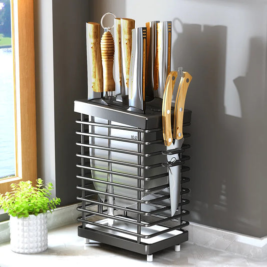 9-Slot Stainless Steel Knife Holder – Wall-Mount & Desktop Stand for Chef’s Knives, Durable & Space-Saving Kitchen Organizer with Efficient Drainboard System
