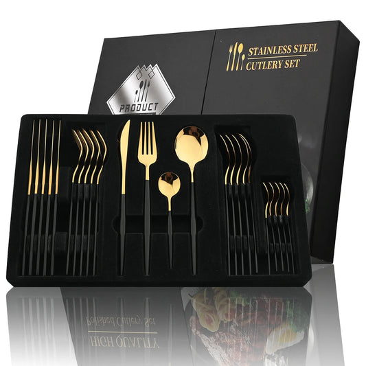 24-Piece Stainless Steel Cutlery Set – Elegant Golden, Silver, & Black Silverware Set for Fine Dining – Rust-Resistant Knife, Fork, & Spoon Set with Black Handles