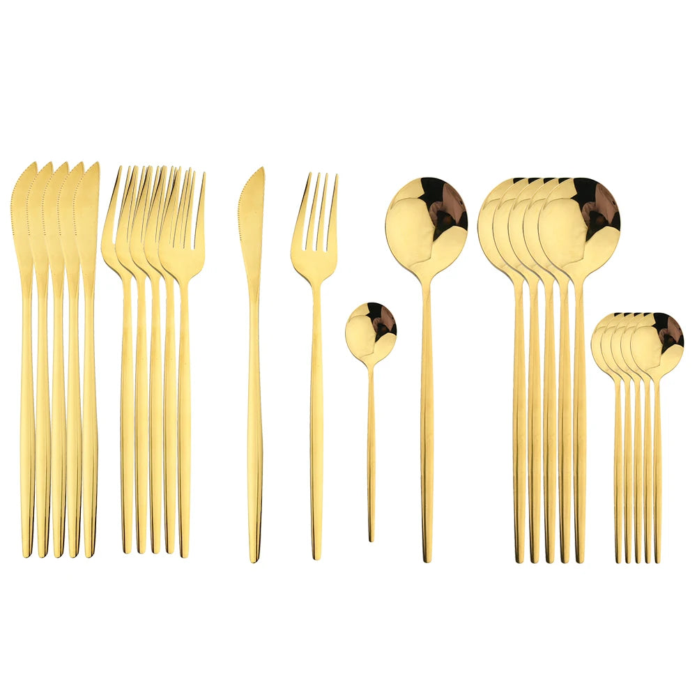 24-Piece Stainless Steel Cutlery Set – Elegant Golden, Silver, & Black Silverware Set for Fine Dining – Rust-Resistant Knife, Fork, & Spoon Set with Black Handles