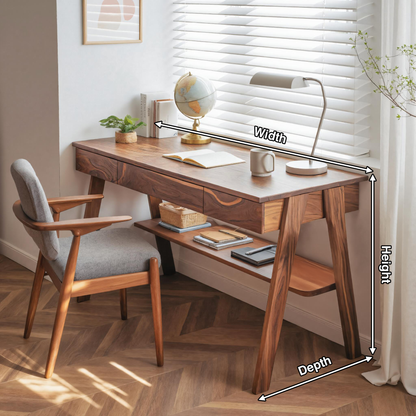 Mid Century Wooden Writing Desk With Drawers And Shelf For Home Office Kitchnce