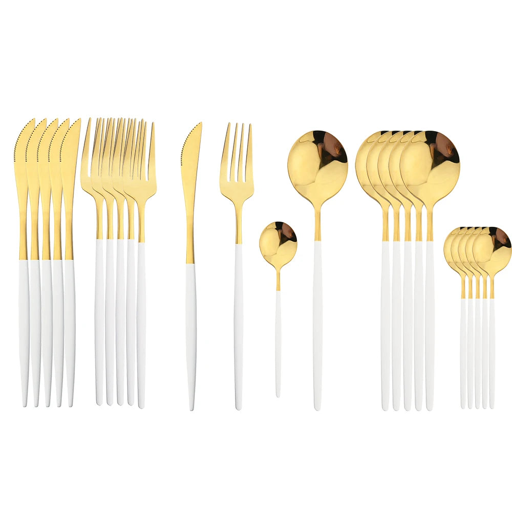 24-Piece Stainless Steel Cutlery Set – Elegant Golden, Silver, & Black Silverware Set for Fine Dining – Rust-Resistant Knife, Fork, & Spoon Set with Black Handles