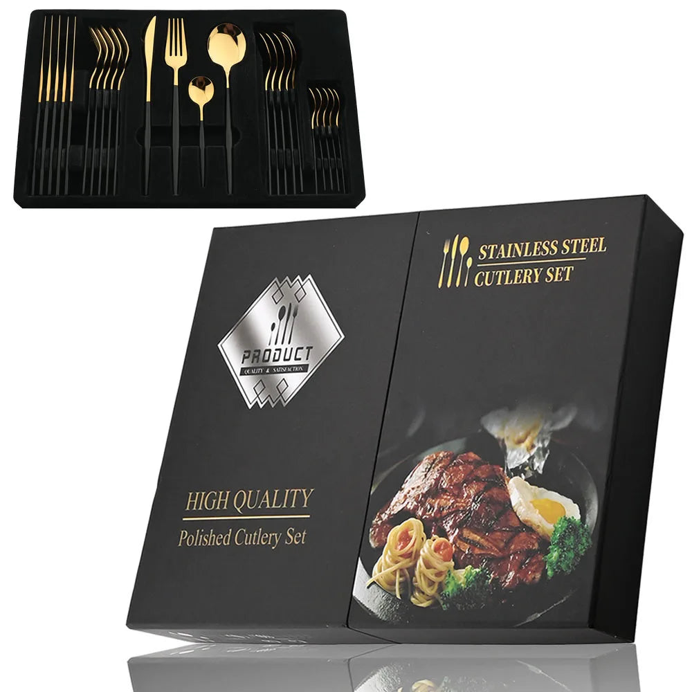 24-Piece Stainless Steel Cutlery Set – Elegant Golden, Silver, & Black Silverware Set for Fine Dining – Rust-Resistant Knife, Fork, & Spoon Set with Black Handles