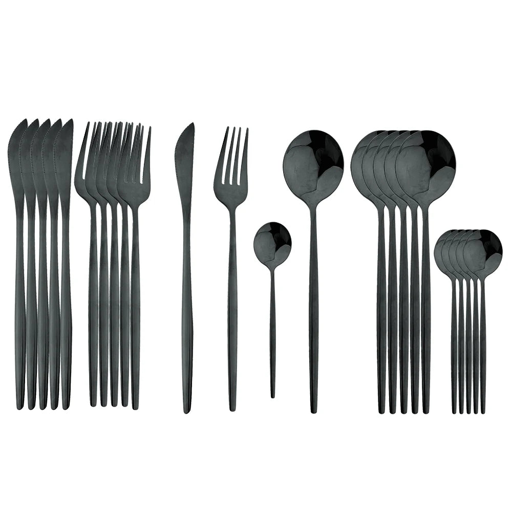 24-Piece Stainless Steel Cutlery Set – Elegant Golden, Silver, & Black Silverware Set for Fine Dining – Rust-Resistant Knife, Fork, & Spoon Set with Black Handles