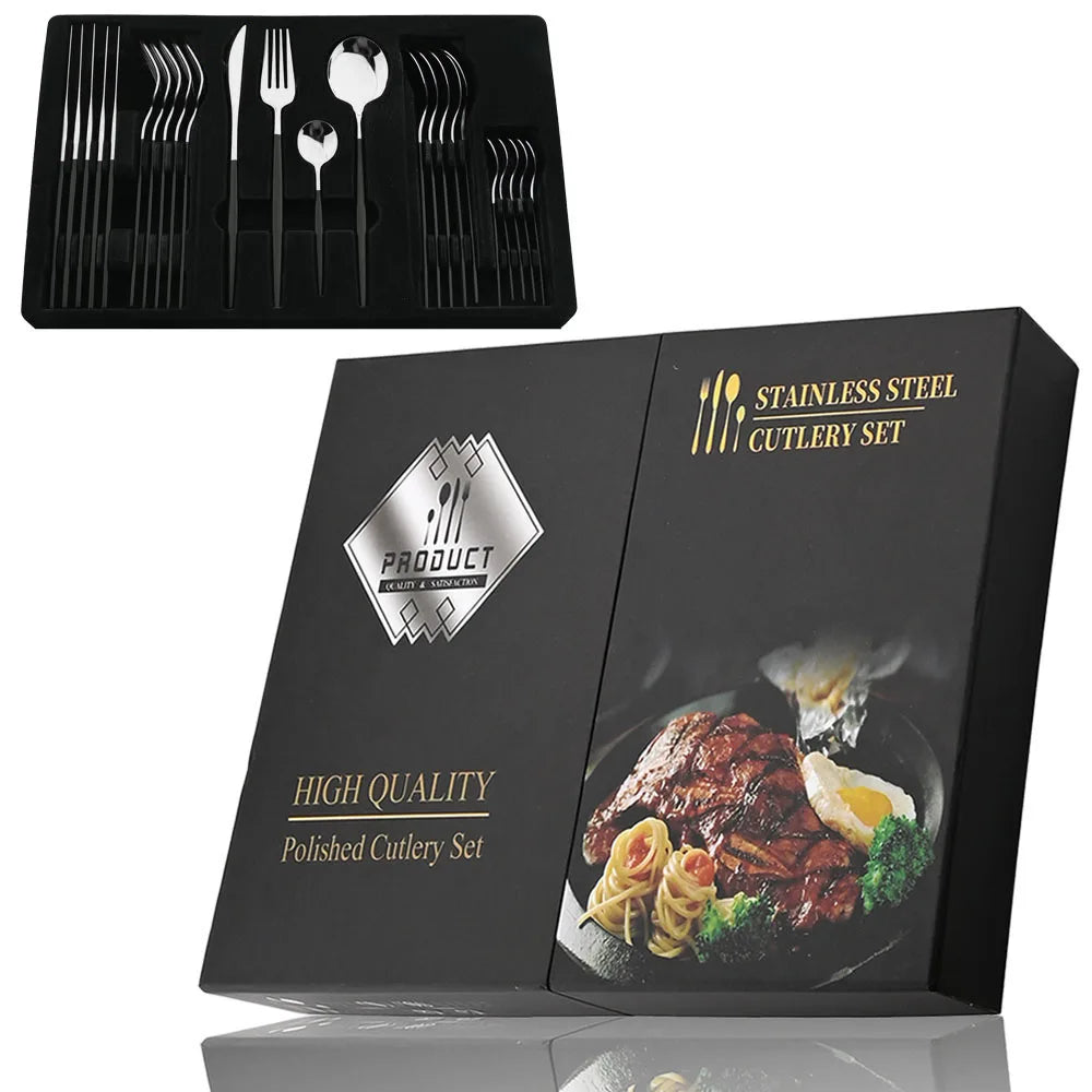 24-Piece Stainless Steel Cutlery Set – Elegant Golden, Silver, & Black Silverware Set for Fine Dining – Rust-Resistant Knife, Fork, & Spoon Set with Black Handles