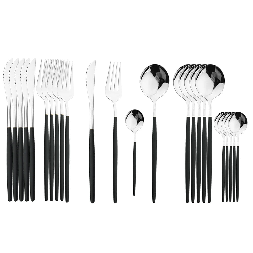 24-Piece Stainless Steel Cutlery Set – Elegant Golden, Silver, & Black Silverware Set for Fine Dining – Rust-Resistant Knife, Fork, & Spoon Set with Black Handles