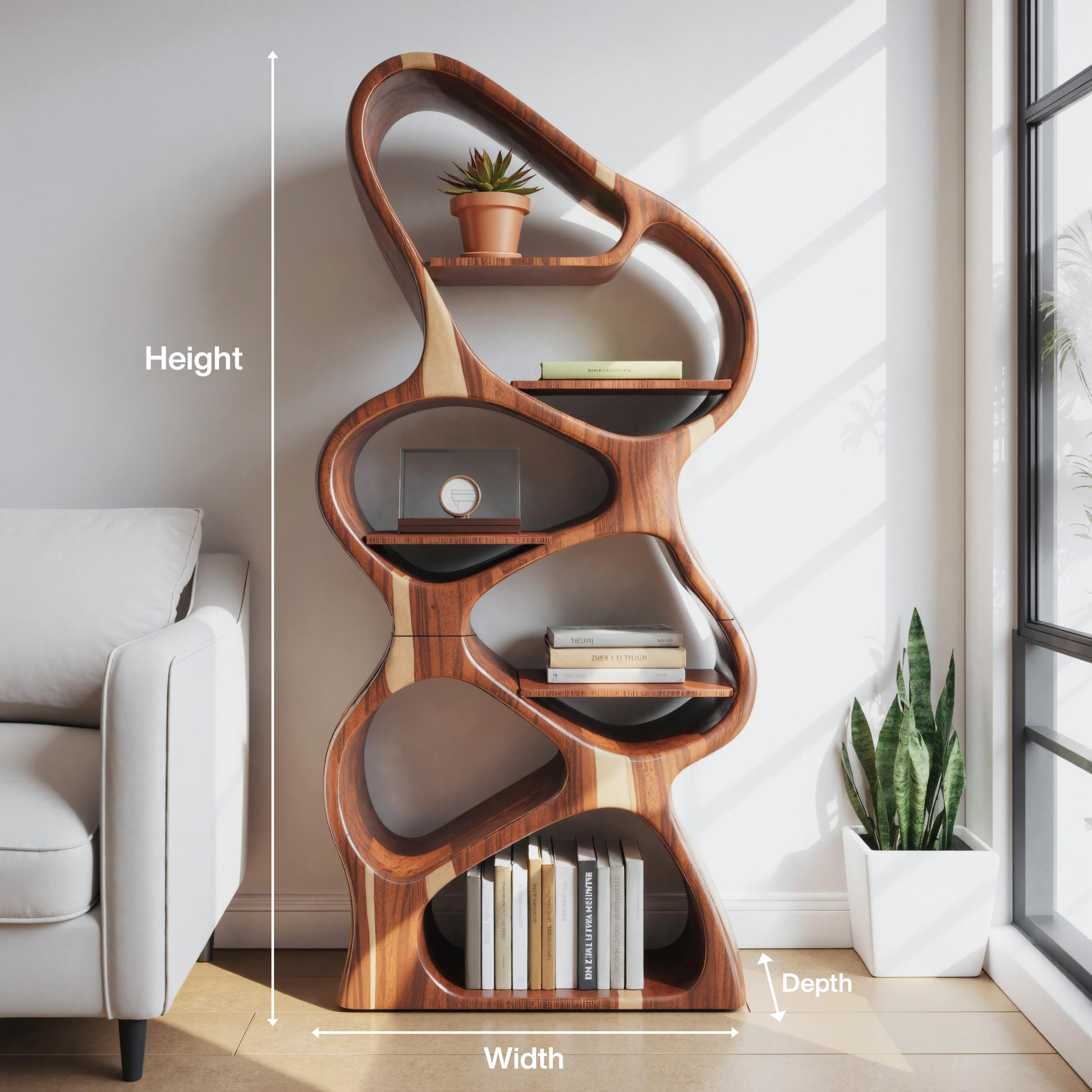 Modern Sculptural Bookshelf With Flowing Shelves For Home Library And Living Room Kitchnce