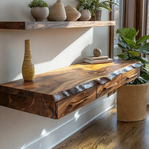 Solvaren Live Edge Solid Wood Floating Desk with Drawers Kitchnce