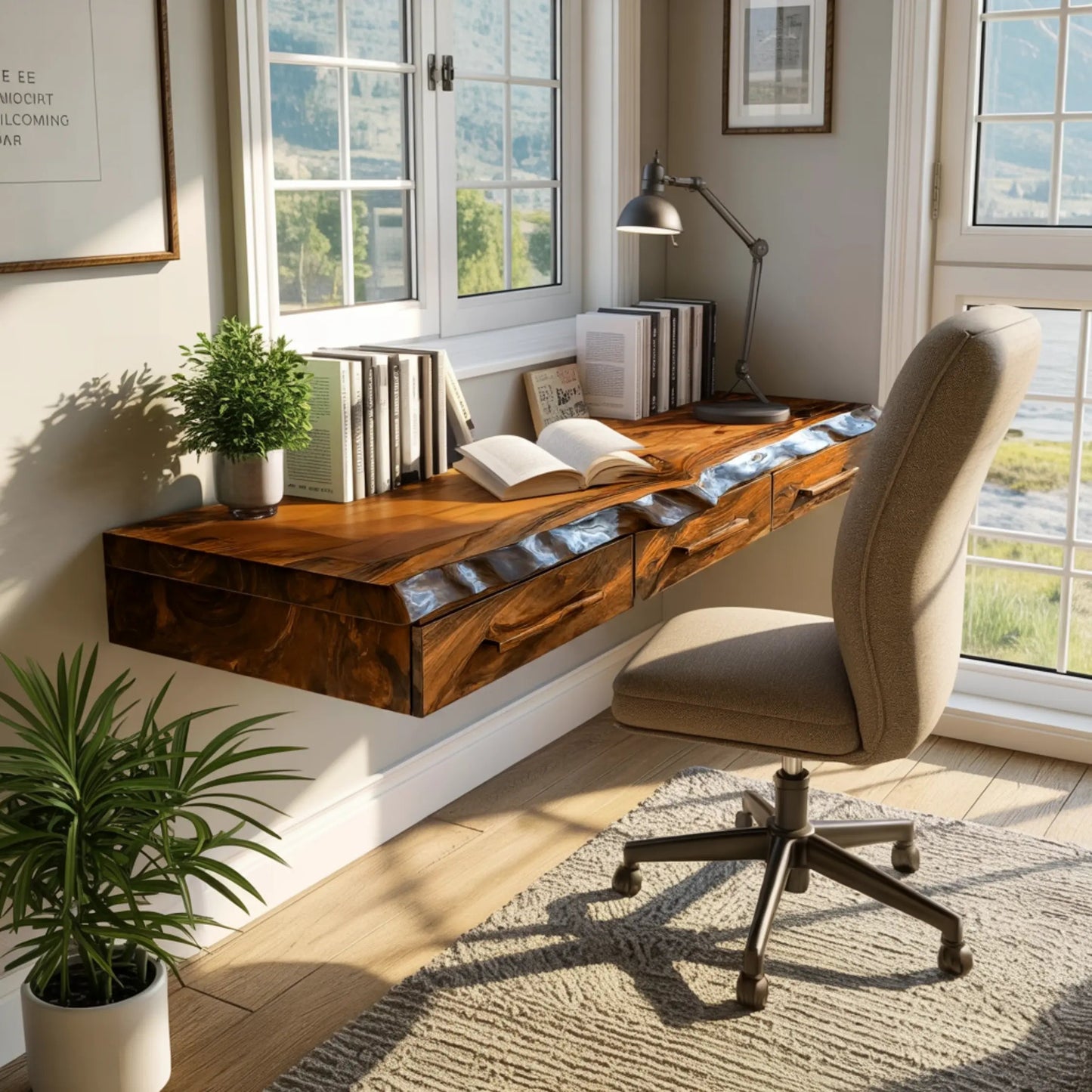 Solvaren Live Edge Solid Wood Floating Desk with Drawers Kitchnce