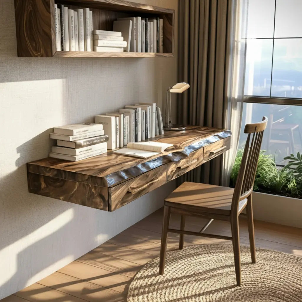 Solvaren Live Edge Solid Wood Floating Desk with Drawers Kitchnce