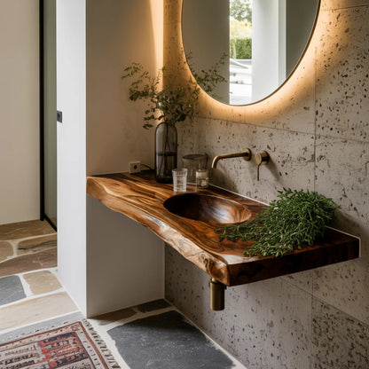 Sylvara Live Edge Solid Wood Floating Bathroom Vanity with Integrated Sink Kitchnce