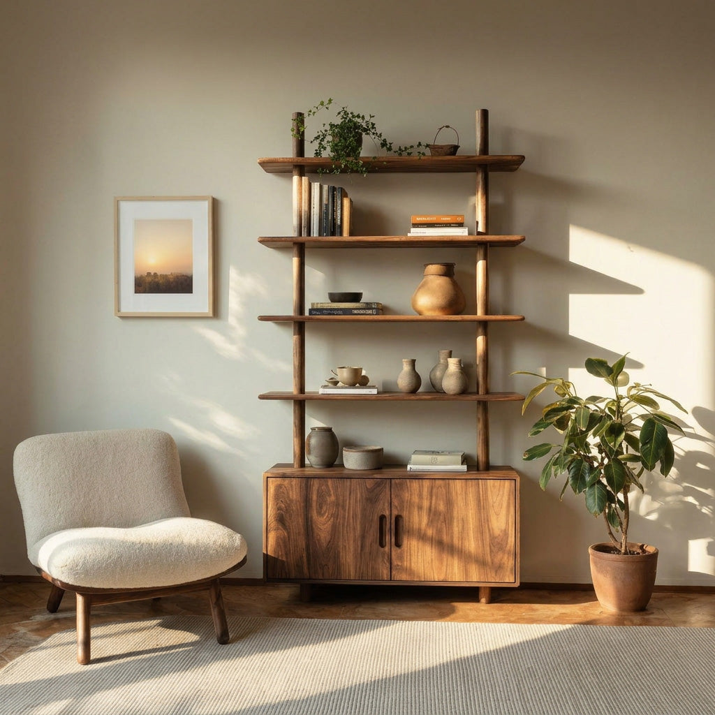 Mid Century Wooden Bookcase With Closed Storage For Living Kitchnce