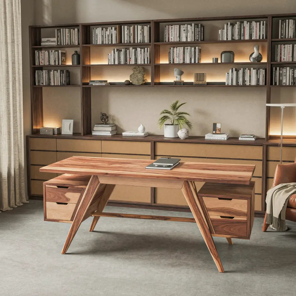 Modern Executive Wooden Desk With Angled Legs And Drawers For Home Office Kitchnce