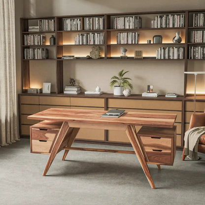 Modern Executive Wooden Desk With Angled Legs And Drawers For Home Office Kitchnce