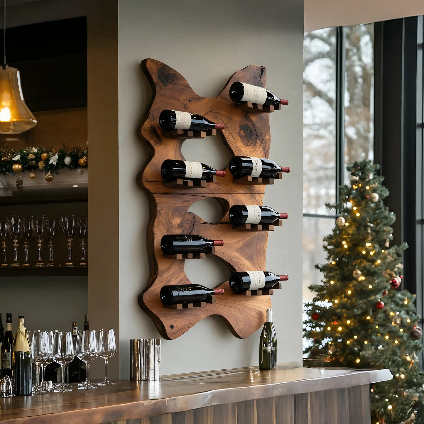 Mid Century Wooden Live Edge Wine Holder For Living Room Decor Kitchnce