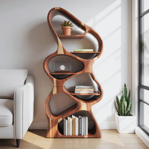 Modern Sculptural Bookshelf With Flowing Shelves For Home Library And Living Room Kitchnce
