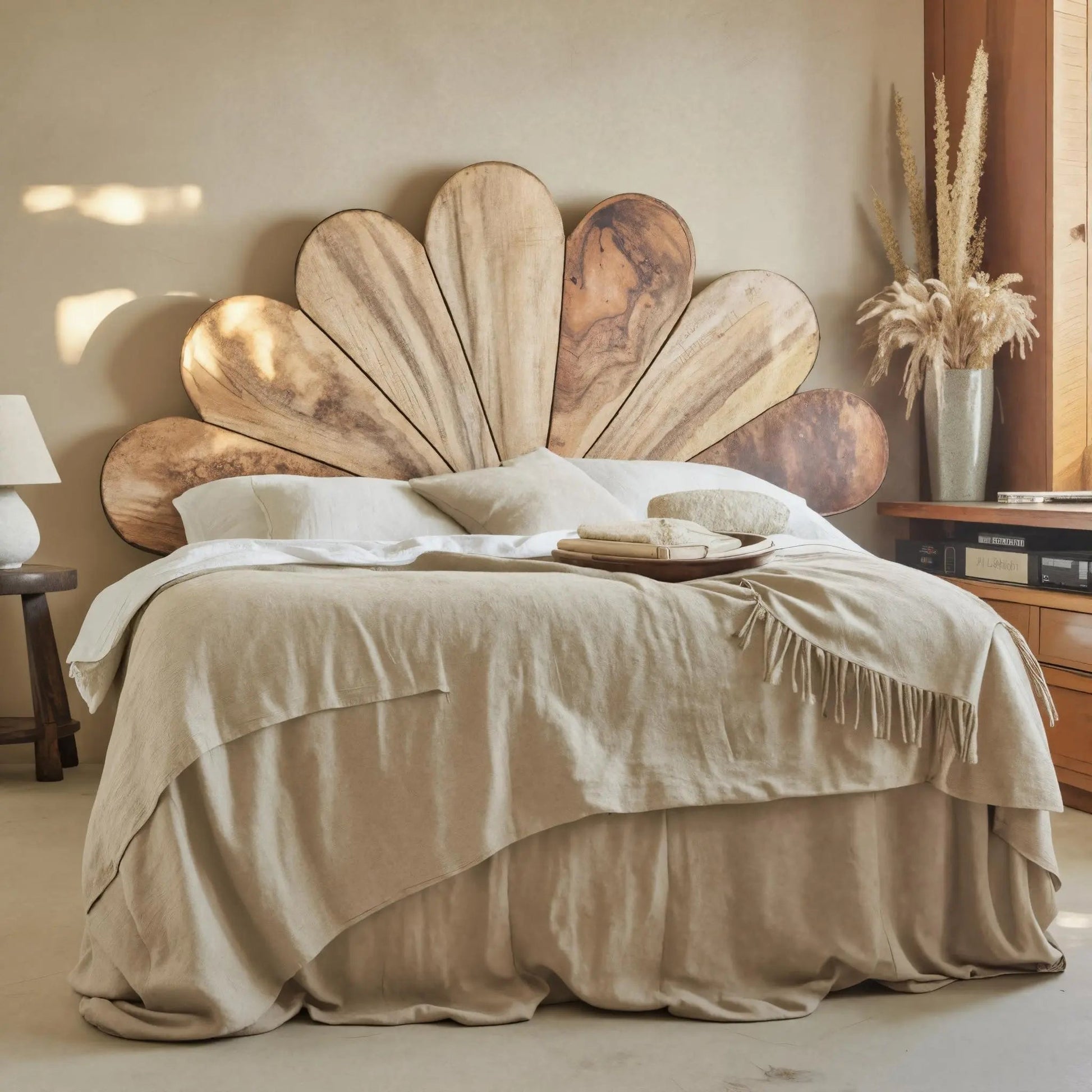 Boho Flower Petal Headboard Bed For Queen And King Bedroom Kitchnce