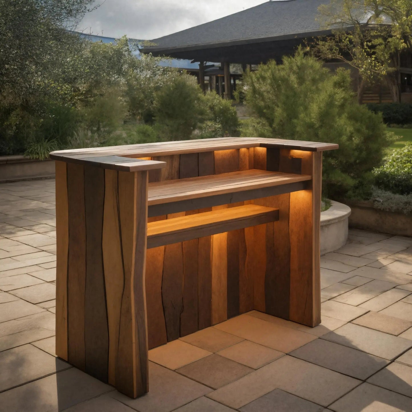 Rustic Live Edge Bar Counter With Lighting For Patio Kitchnce