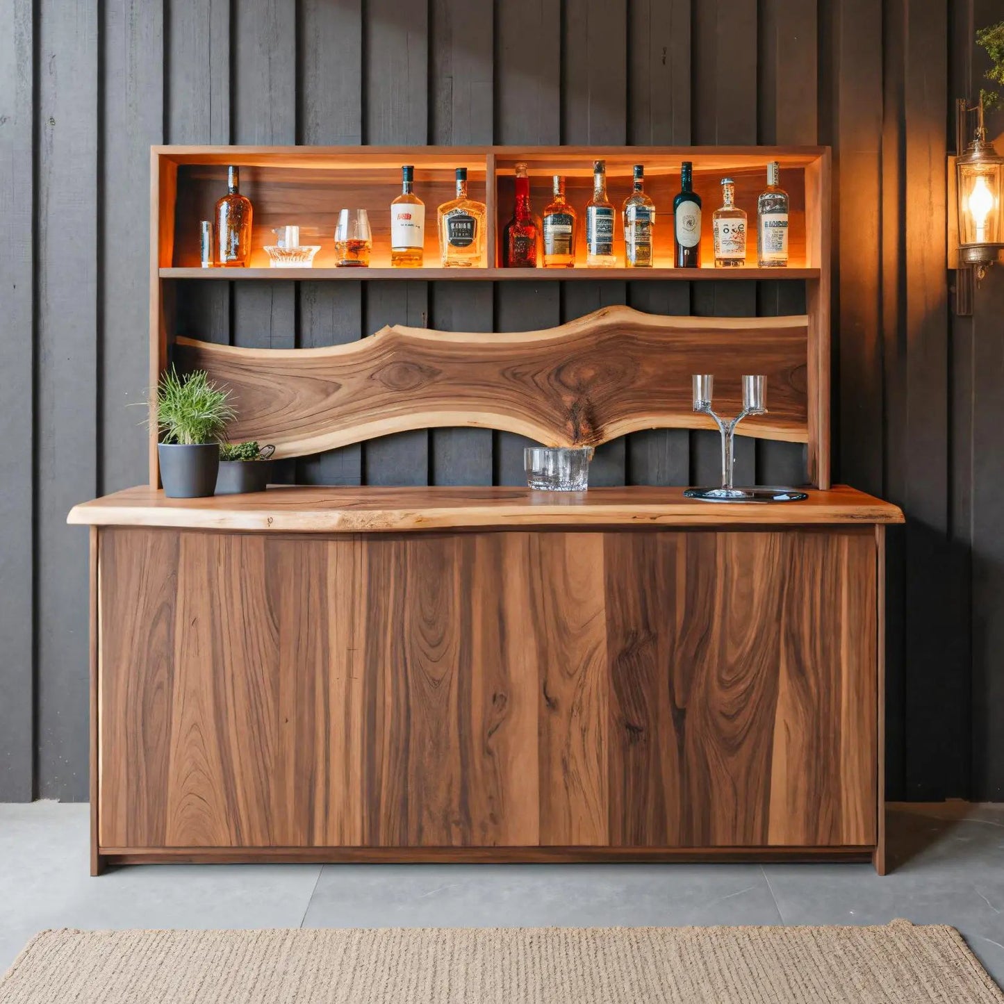 Modern Live Edge Indoor Bar Table With Wave Shelf For Home Lounge Kitchnce