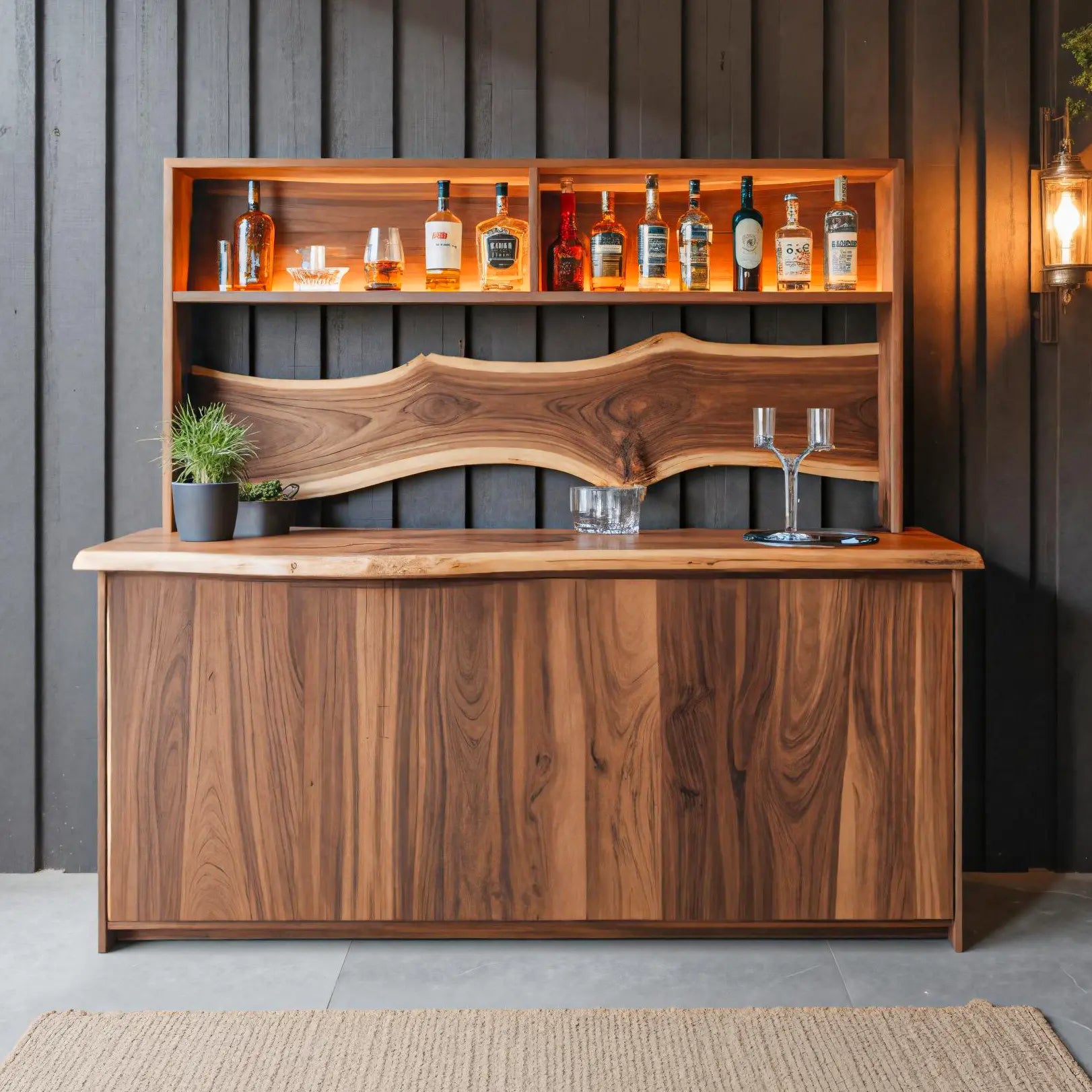 Modern Live Edge Indoor Bar Table With Wave Shelf For Home Lounge Kitchnce