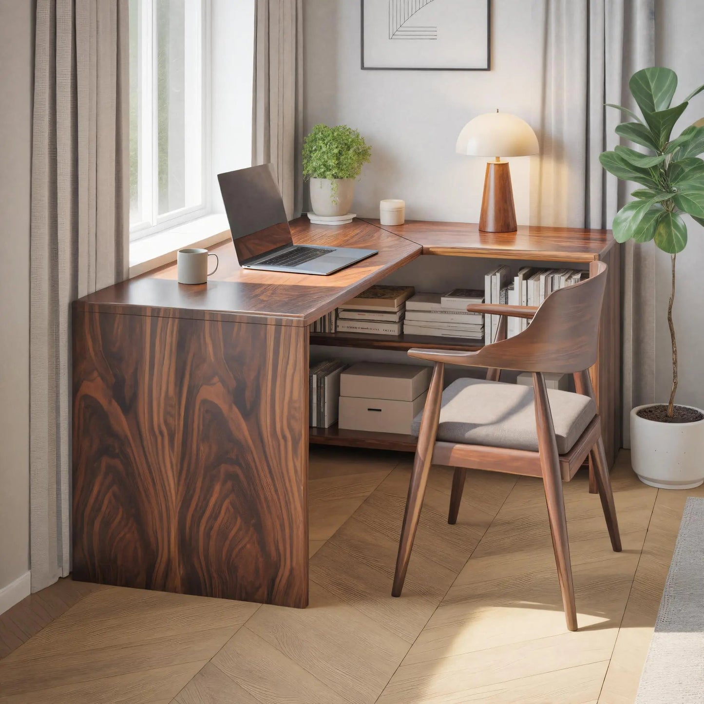 Modern L Shaped Wooden Desk With Bookshelf For Home Office Or Study Kitchnce