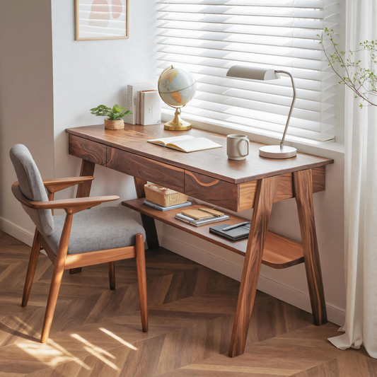 Mid Century Wooden Writing Desk With Drawers And Shelf For Home Office Kitchnce