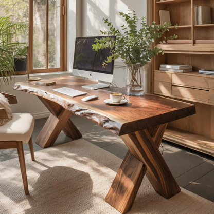 Live Edge Wooden Desk With X Legs For Rustic Home Office Or Studio Kitchnce